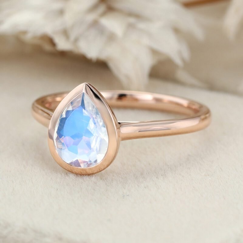 6x8mm Pear Shaped Bezel Moonstone Ring 14K Solid Gold Engagement Ring Simple Pear Bridal Promise Ring