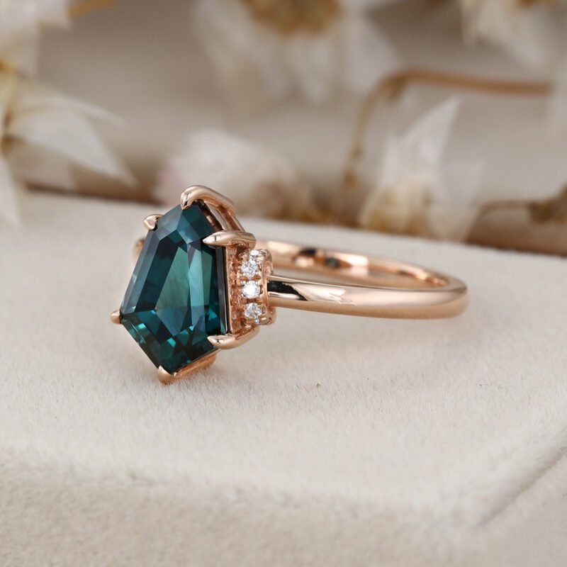 7*10mm Shield Shape Lab Blue green sapphire engagement ring Vintage Rose gold Moissanite engagement ring Diamond Wedding Anniversary gift