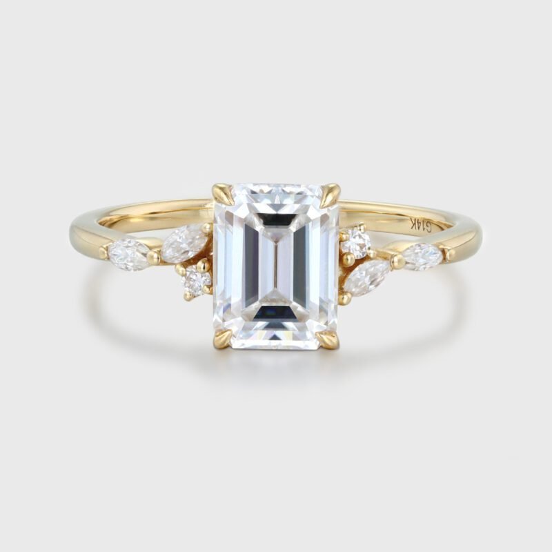 Vintage Yellow Gold 2 Ct Emerald Cut Moissanite Ring for Women