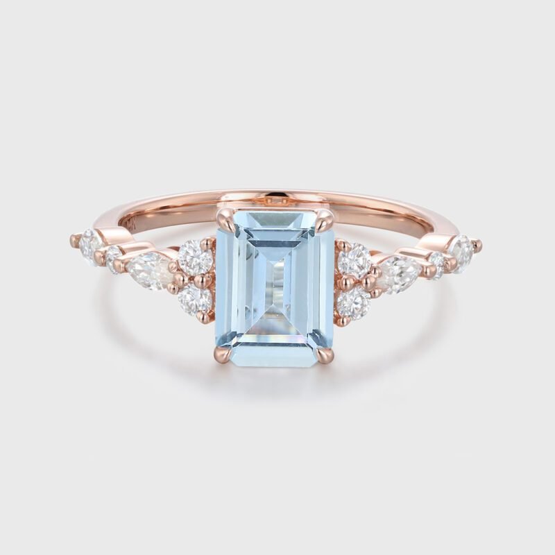 8x6mm Emerald Cut Aquamarine Engagement Ring Vintage Rose Gold Diamond Cluster Ring Art Deco Bridal Promise Anniversary Ring