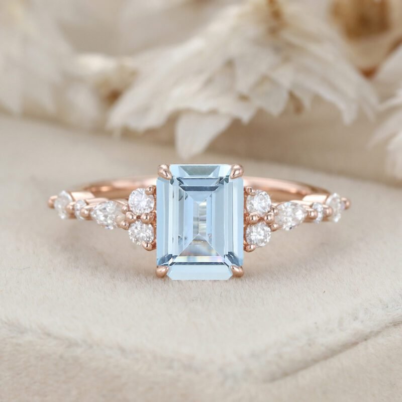 8x6mm Emerald Cut Aquamarine Engagement Ring Vintage Rose Gold Diamond Cluster Ring Art Deco Bridal Promise Anniversary Ring