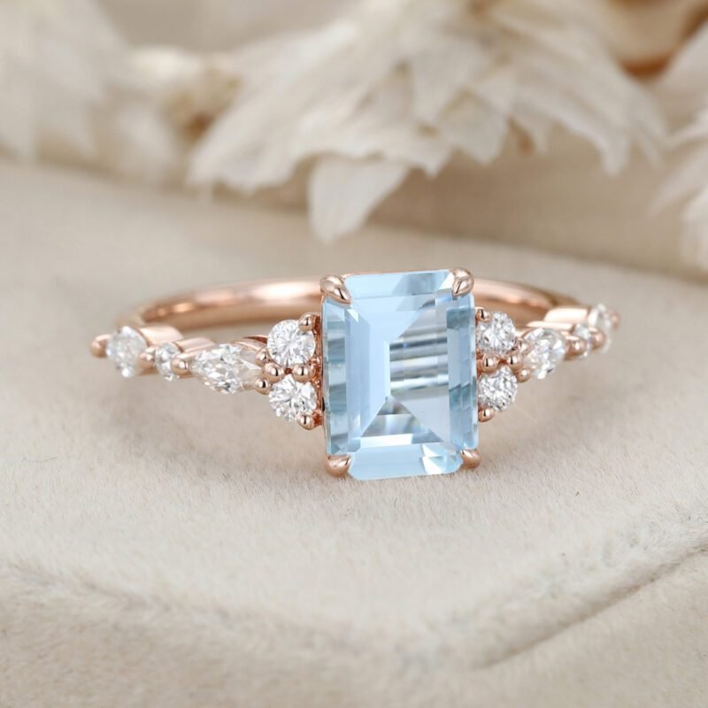 8x6mm Emerald Cut Aquamarine Engagement Ring Vintage Rose Gold Diamond Cluster Ring Art Deco Bridal Promise Anniversary Ring