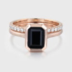 8x6mm Emerald Cut Bezel Black Onyx Engagement Ring Set Dimaond Wedding Ring Set Stacking Ring Rose Gold