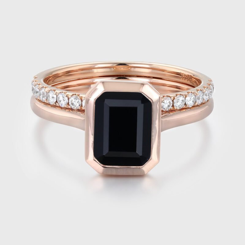 Emerald Cut Bezel Black Onyx Engagement Ring Set with Diamond Wedding Band—A Stunning Rose Gold Stacking Ring