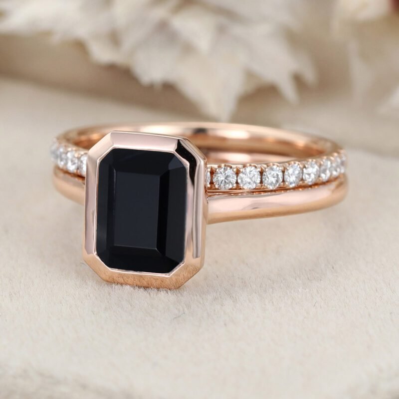 8x6mm Emerald Cut Bezel Black Onyx Engagement Ring Set Dimaond Wedding Ring Set Stacking Ring Rose Gold Ring