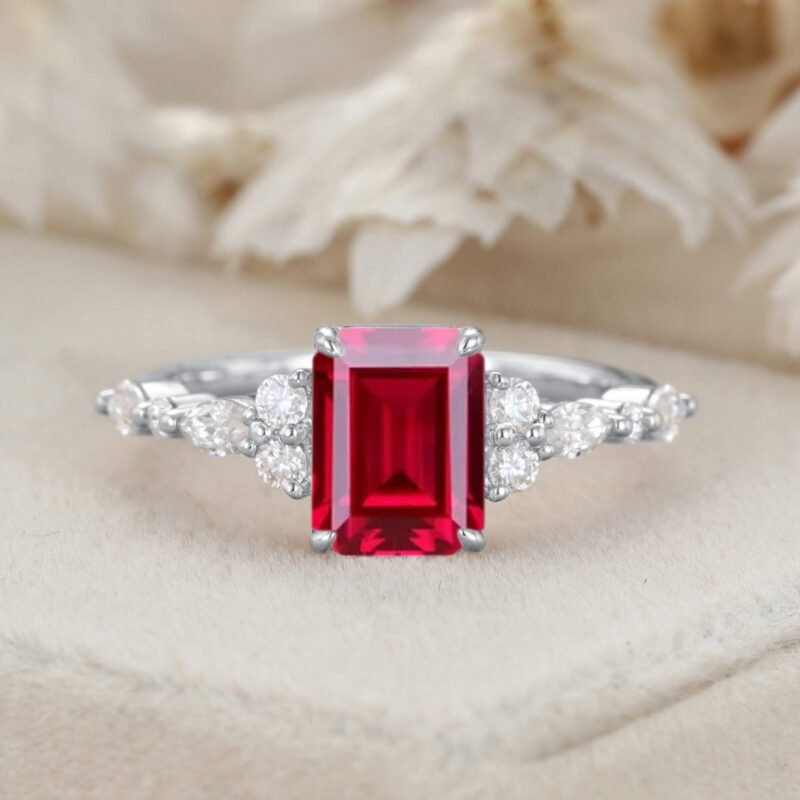8x6mm Emerald Cut Lab Ruby Engagement Ring 14K Rose Gold Diamond Cluster Ring Art Deco Bridal Promise Ring July Birthstone
