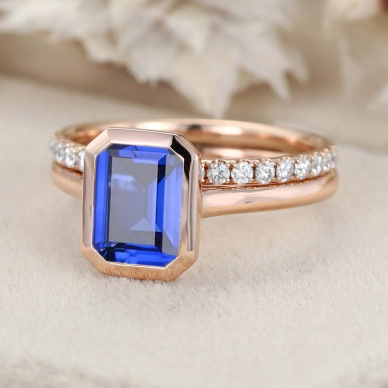 8x6mm Emerald Cut Lab Sapphire Ring Bezel Rose Gold Sapphire Engagement Ring Set Half Eternity Diamond Wedding Ring