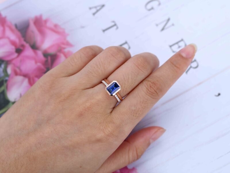 8x6mm Emerald Cut Lab Sapphire Ring Bezel Rose Gold Sapphire Engagement Ring Set Half Eternity Diamond Wedding Ring