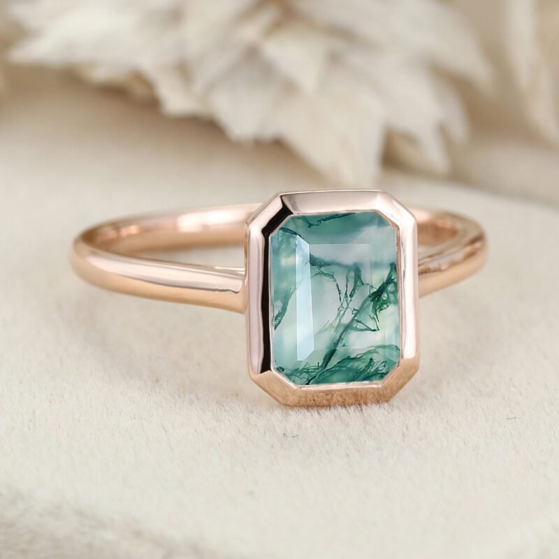 8x6mm Emerald Cut Moss Agate Ring Bezel Solitaire Ring Rose Gold Engagement Ring Gift For Women
