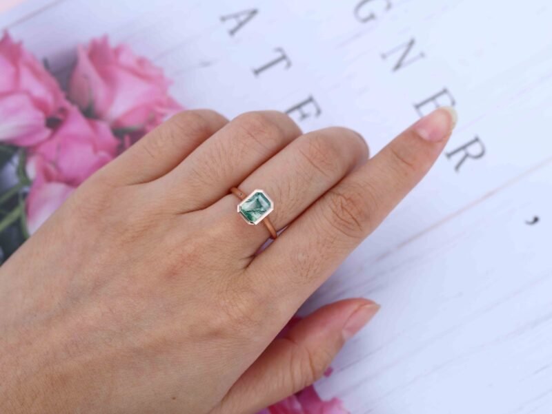 8x6mm Emerald Cut Moss Agate Ring Bezel Solitaire Ring Rose Gold Engagement Ring Gift For Women