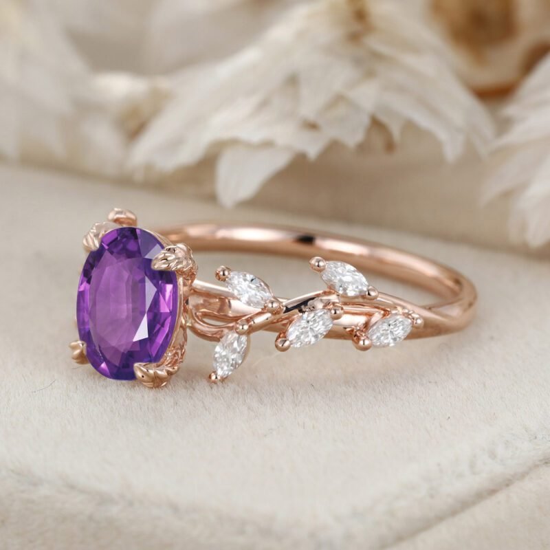 8x6mm Oval Amethyst Engagement Ring Branch Marquise Diamond Cluster Handcrafted 14K Rose Gold Ring