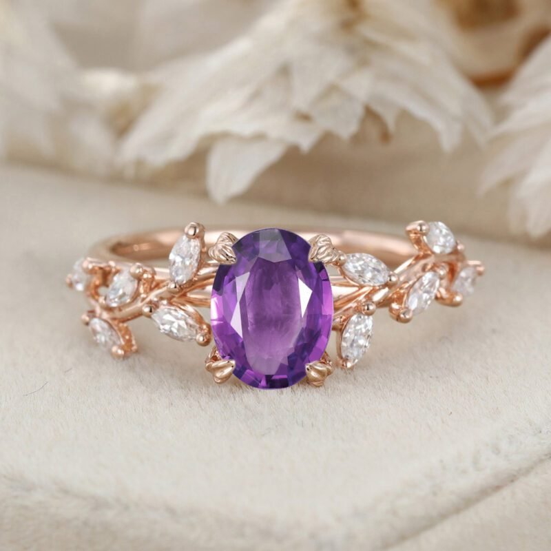 8x6mm Oval Amethyst Engagement Ring Branch Marquise Diamond Cluster Handcrafted 14K Rose Gold Ring