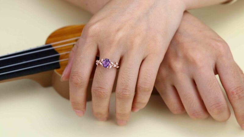 8x6mm Oval Amethyst Engagement Ring Branch Marquise Diamond Cluster Handcrafted 14K Rose Gold Ring