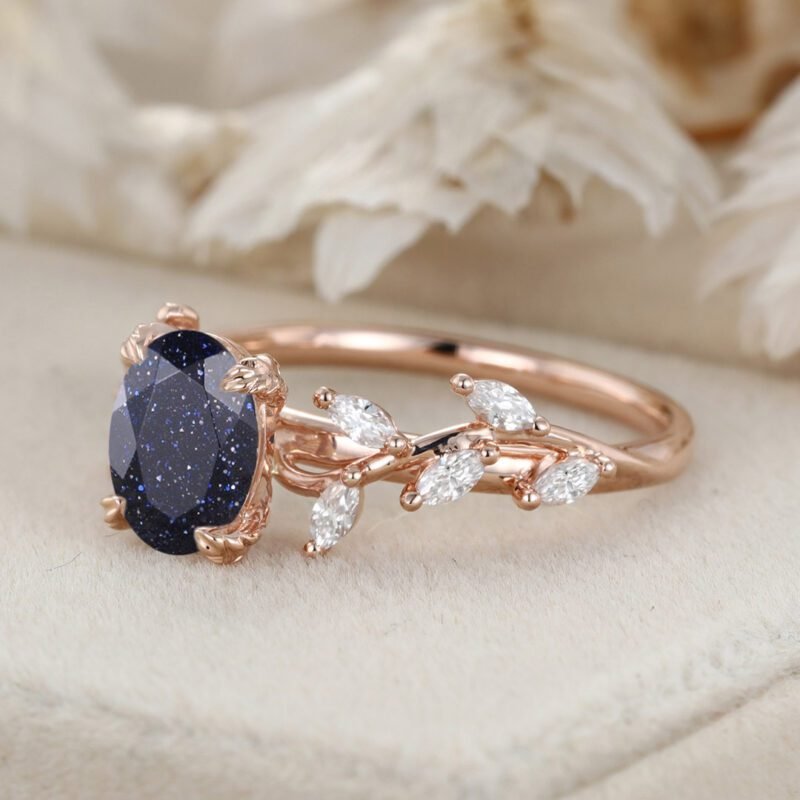 8x6mm Oval Cut Blue Sandstone Cluster Ring 14K Solid Gold Engagement Ring Branch Marquise Moissanite Cluster Ring