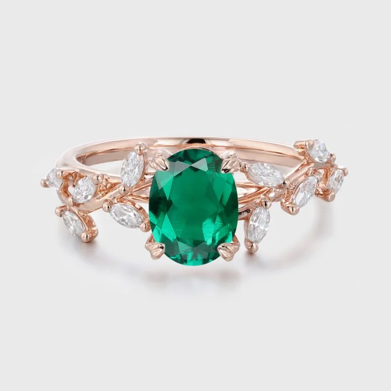 8x6mm Oval Shaped Lab-Grown Emerald Ring 14K Solid Gold Engagement Ring Branch Marquise Moissanite Cluster Ring