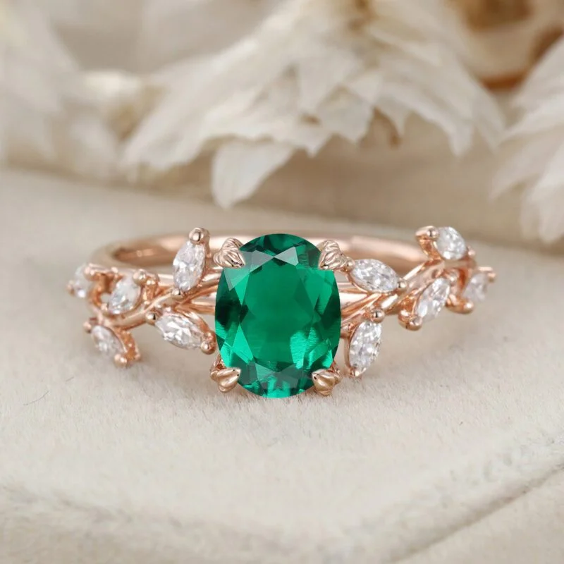 8x6mm Oval Shaped Lab-Grown Emerald Ring 14K Solid Gold Engagement Ring Branch Marquise Moissanite Cluster Ring