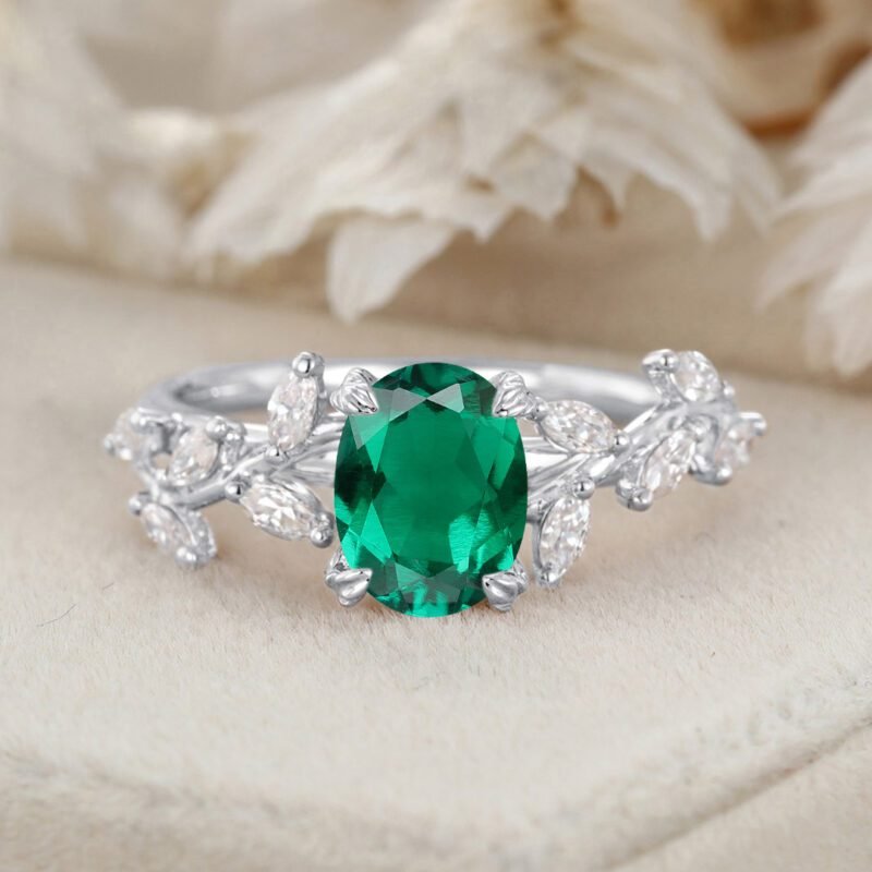 8x6mm Oval Shaped Lab-Grown Emerald Ring 14K Solid Gold Engagement Ring Branch Marquise Moissanite Cluster Ring
