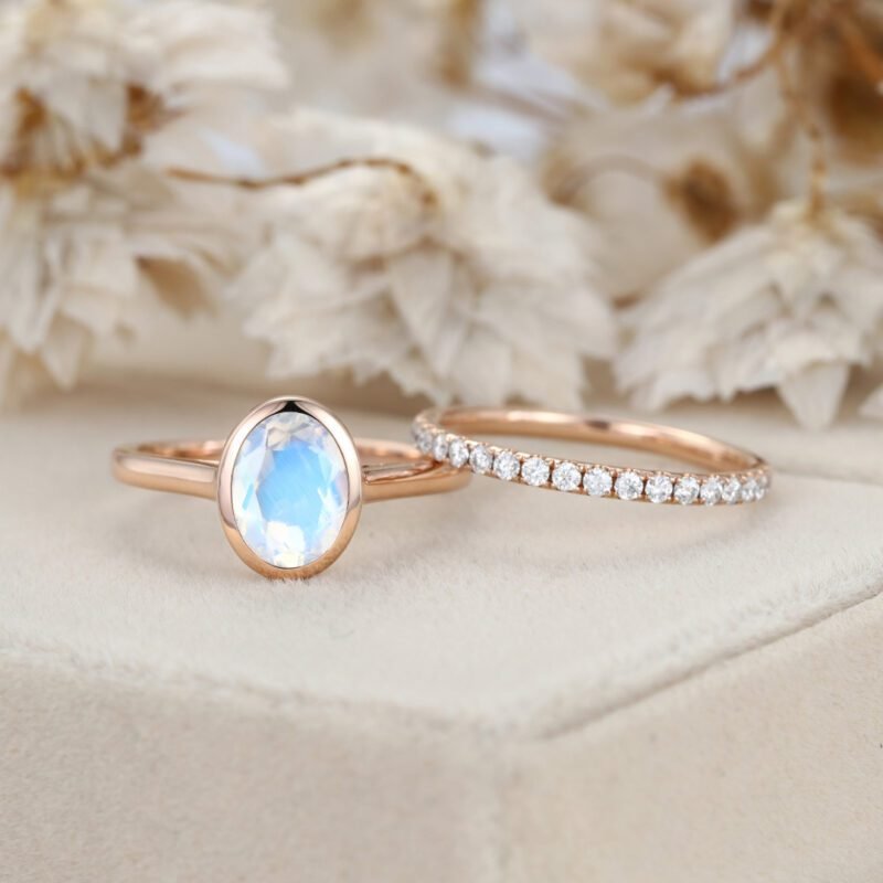 8x6mm Oval Shaped Moonstone Ring Set Vintage 14K Rose Gold Engagement Ring Diamond Wedding Ring Bezel Setting Ring