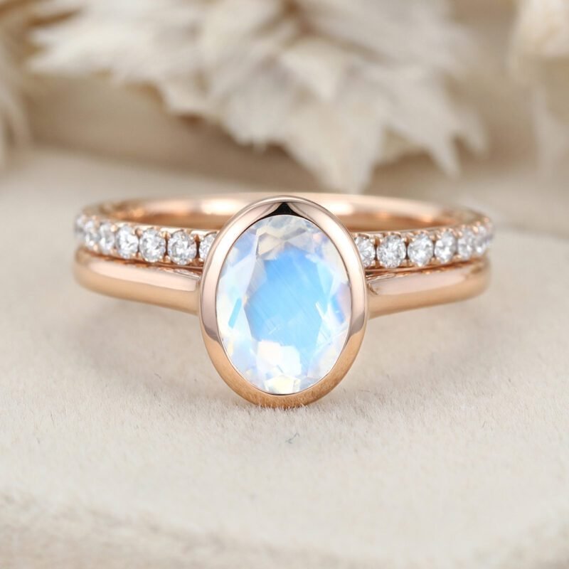 8x6mm Oval Shaped Moonstone Ring Set Vintage 14K Rose Gold Engagement Ring Diamond Wedding Ring Bezel Setting Ring