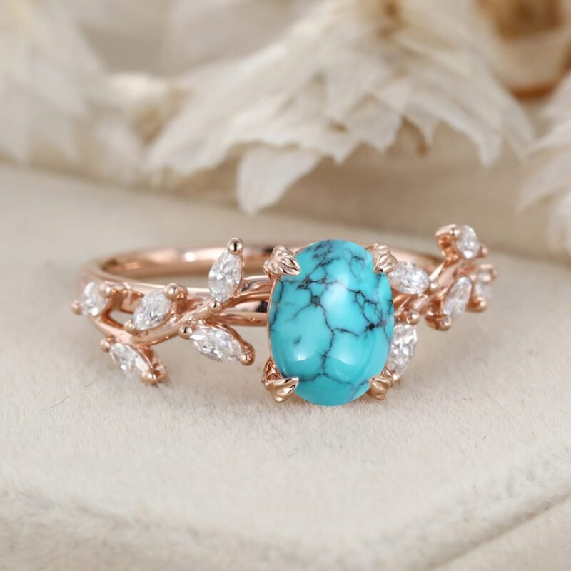8x6mm Oval Shaped Natural Blue Turquoise Ring 14K Solid Gold Engagement Ring Branch Marquise Moissanite Cluster Ring