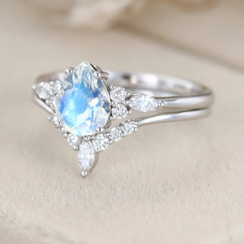 8x6mm Pear Cut Moonstone Engagement Ring Set In 14K White Gold