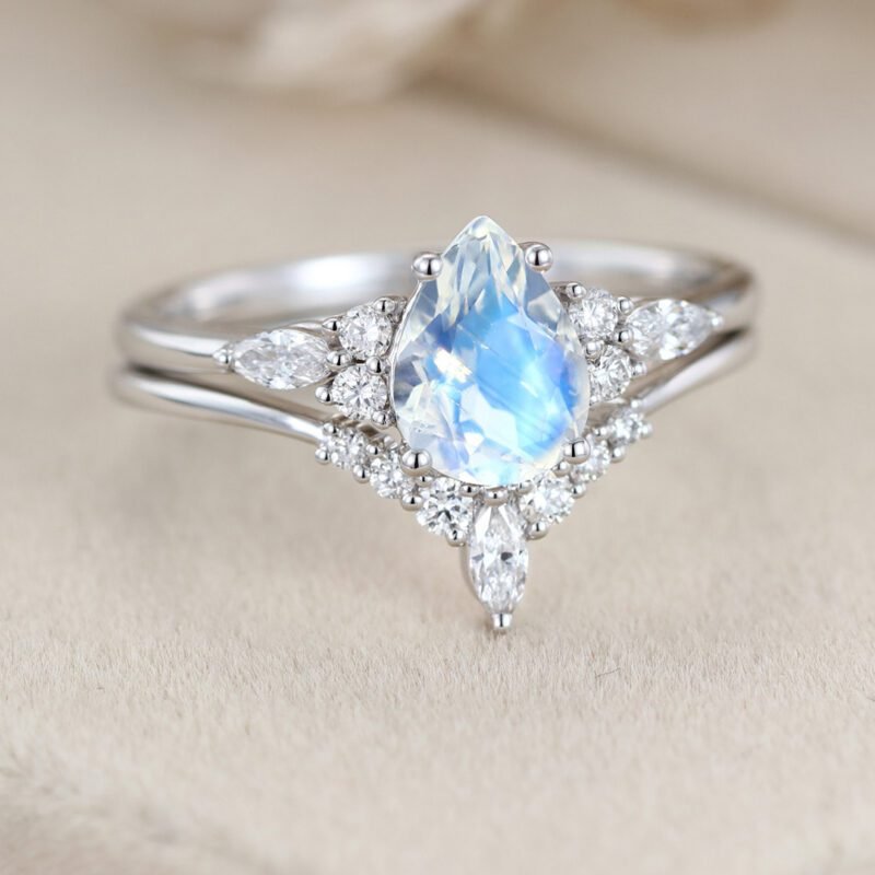 8x6mm Pear Cut Moonstone Engagement Ring Set In 14K White Gold