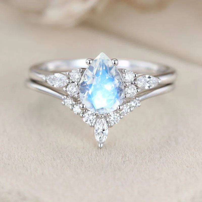 8x6mm Pear Cut Moonstone Engagement Ring Set In 14K White Gold
