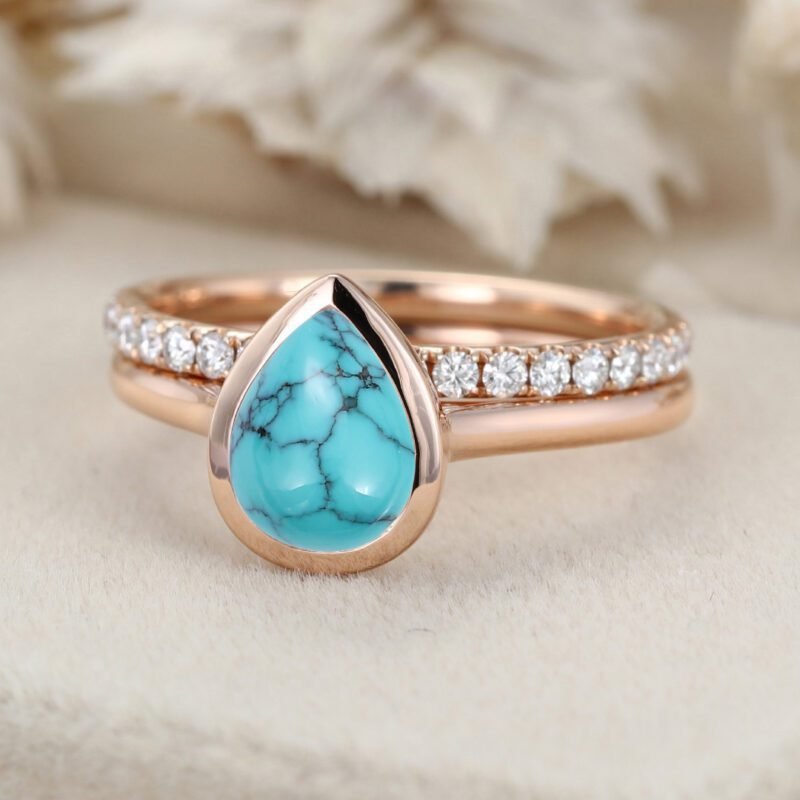 8x6mm Pear Cut Natural Turquoise Ring Set 14K Rose Gold Engagement Ring Bezel Setting Statement Ring Gift For Her Vintage Bridal Set