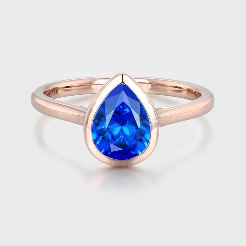 8x6mm Pear Lab Sapphire Ring Bezel Sapphire Engagement Ring Rose Gold Bezel Setting Ring September Birthstone