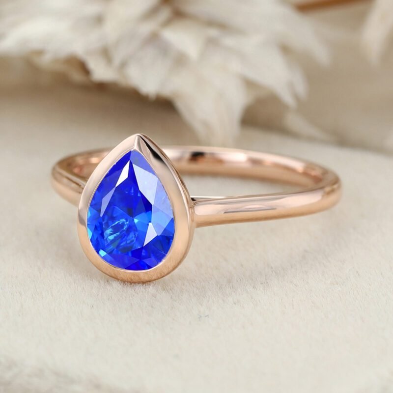 8x6mm Pear Lab Sapphire Ring Bezel Sapphire Engagement Ring Rose Gold Bezel Setting Ring September Birthstone