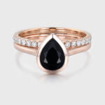 8x6mm Pear Shape Bezel Black Onyx Engagement Ring Set Rose Gold