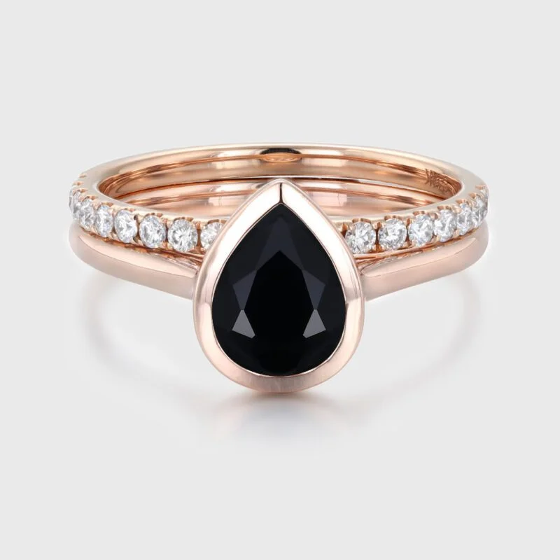 8x6mm Pear Shape Bezel Black Onyx Engagement Ring Set Rose Gold Moissanite Wedding Ring Handmade Ring