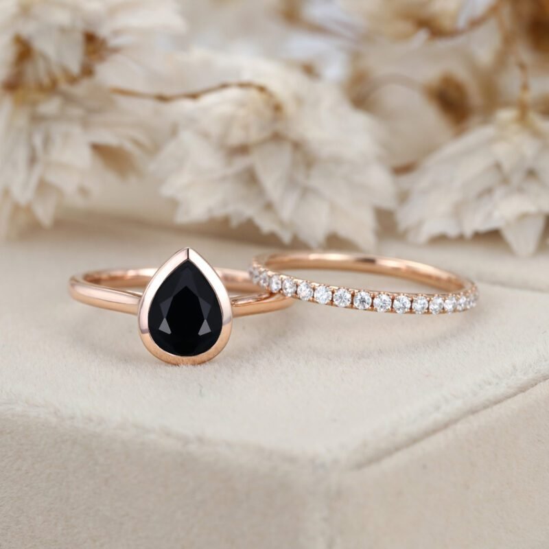 8x6mm Pear Shape Bezel Black Onyx Engagement Ring Set Rose Gold Moissanite Wedding Ring Handmade Ring