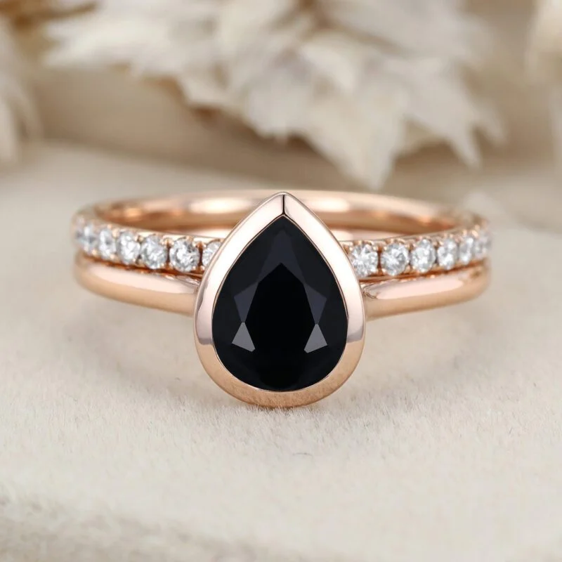 8x6mm Pear Shape Bezel Black Onyx Engagement Ring Set Rose Gold Moissanite Wedding Ring Handmade Ring