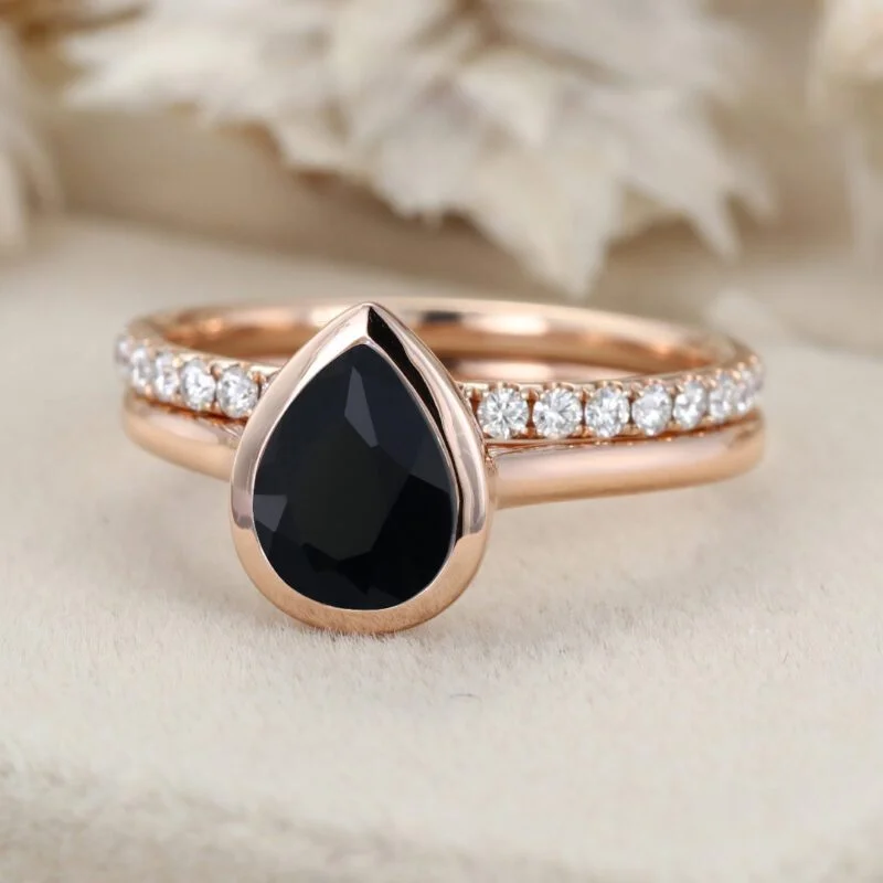 8x6mm Pear Shape Bezel Black Onyx Engagement Ring Set Rose Gold Moissanite Wedding Ring Handmade Ring