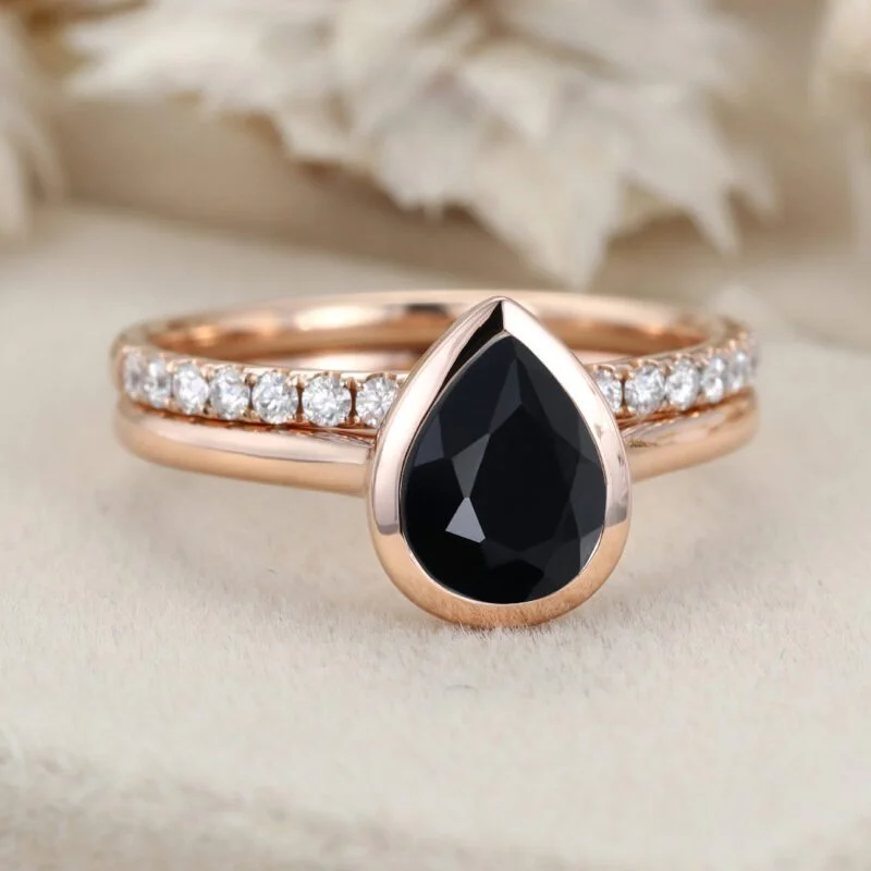 8x6mm Pear Shape Bezel Black Onyx Engagement Ring Set Rose Gold Moissanite Wedding Ring Handmade Ring