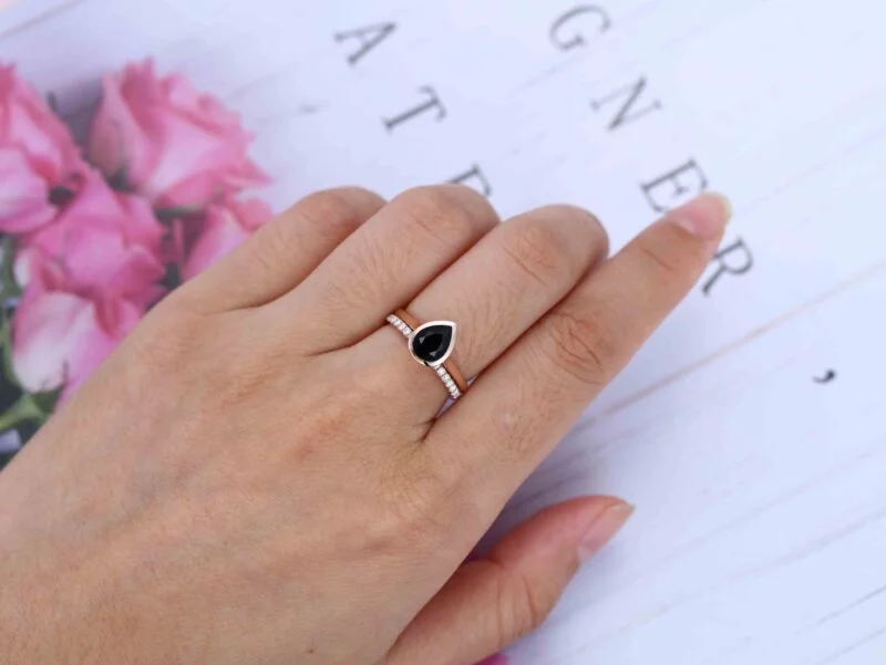 8x6mm Pear Shape Bezel Black Onyx Engagement Ring Set Rose Gold Moissanite Wedding Ring Handmade Ring