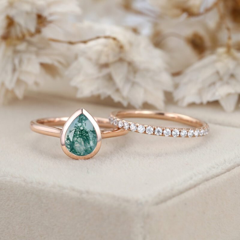 8x6mm Pear Shape Bezel Moss Agate Engagement Ring Set Moissanite Wedding Ring Rose Gold Ring Promise Anniversary Gift For Women