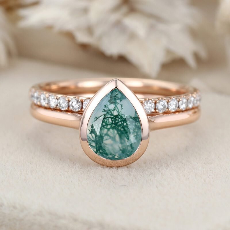 8x6mm Pear Shape Bezel Moss Agate Engagement Ring Set Moissanite Wedding Ring Rose Gold Ring Promise Anniversary Gift For Women