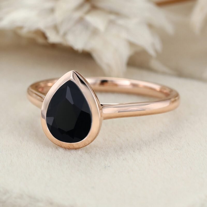 8x6mm Pear Shaped Bezel Black Onyx Ring 14K Rose Gold Engagement Ring Bezel Ring Solitaire Ring Promise Anniversary Gift For Her