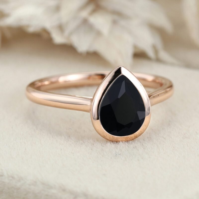 8x6mm Pear Shaped Bezel Black Onyx Ring 14K Rose Gold Engagement Ring Bezel Ring Solitaire Ring Promise Anniversary Gift For Her