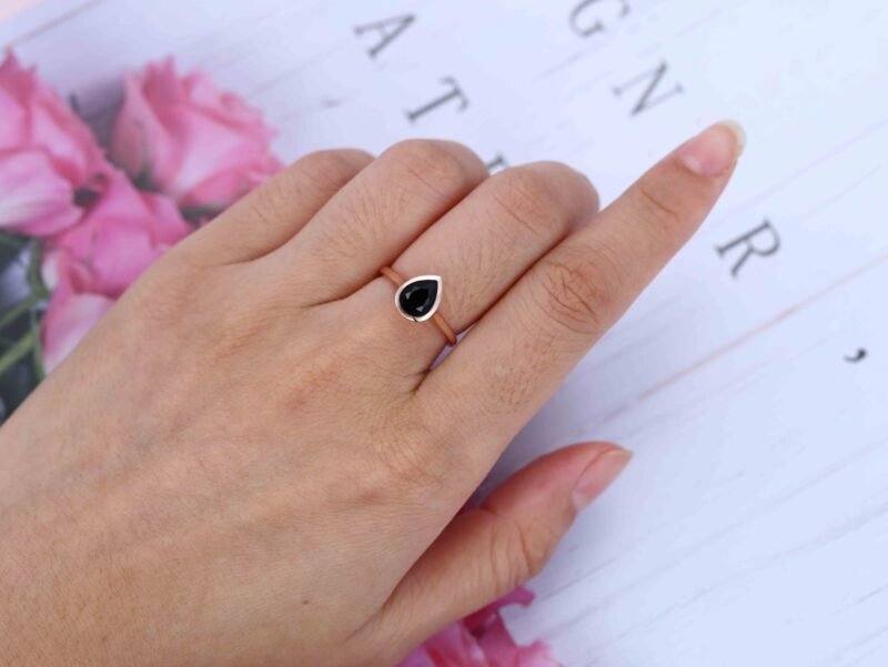 8x6mm Pear Shaped Bezel Black Onyx Ring 14K Rose Gold Engagement Ring Bezel Ring Solitaire Ring Promise Anniversary Gift For Her
