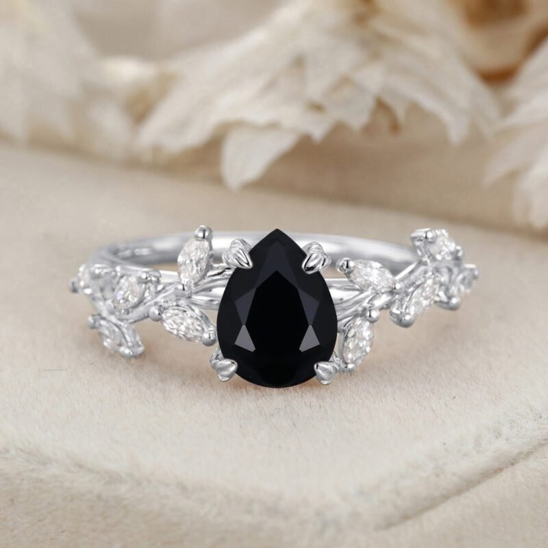8x6mm Pear Shaped Black Onyx Engagement Ring Branch Marquise Diamond Cluster Ring 14K Solid Gold