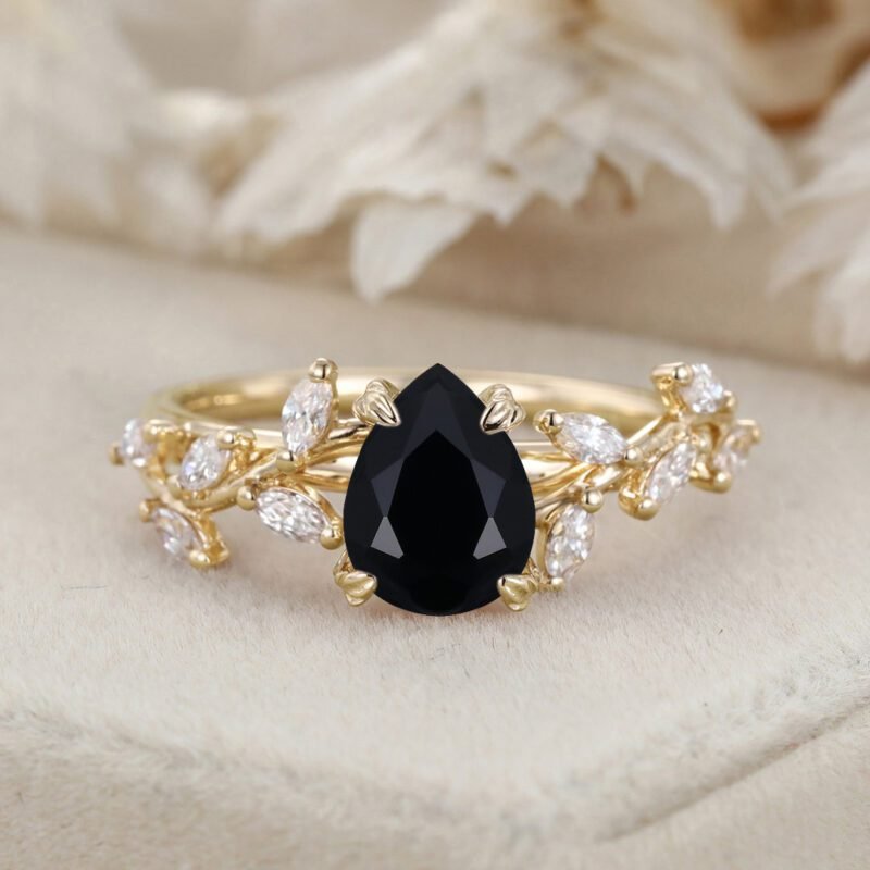 8x6mm Pear Shaped Black Onyx Engagement Ring Branch Marquise Diamond Cluster Ring 14K Solid Gold