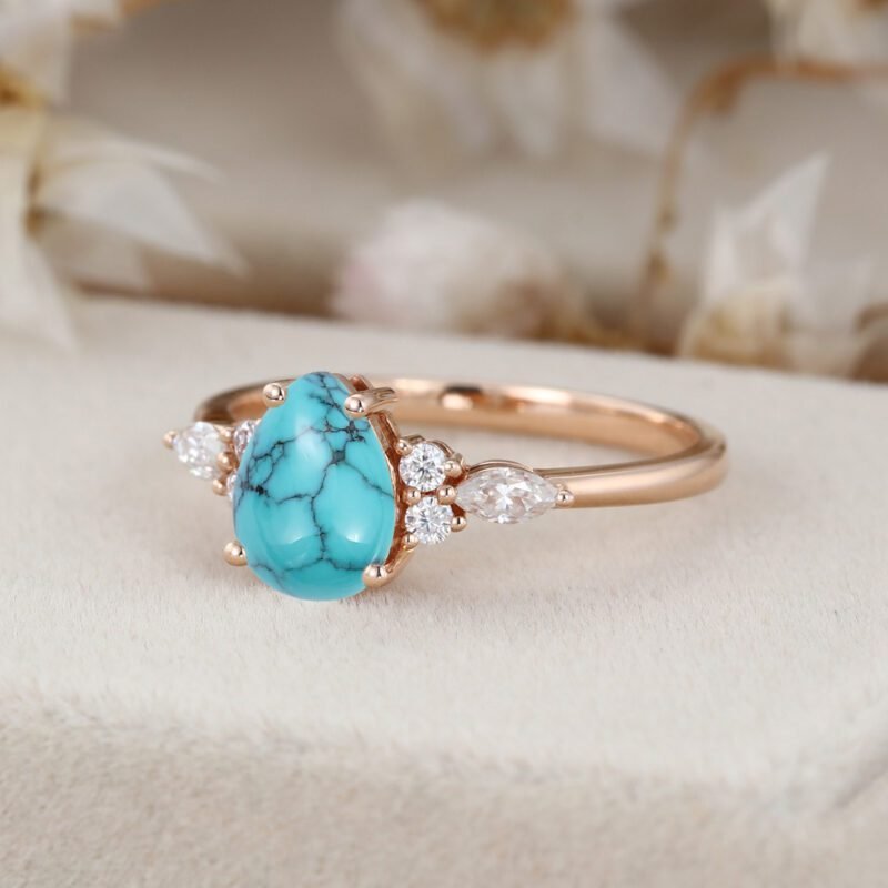 8x6mm Pear Shaped Turquoise Engagement Ring 14K Rose gold Cluster Moissanite Wedding Ring December Birthstone