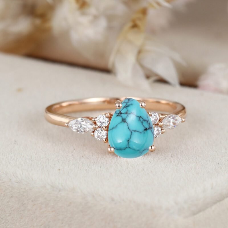 8x6mm Pear Shaped Turquoise Engagement Ring 14K Rose gold Cluster Moissanite Wedding Ring December Birthstone