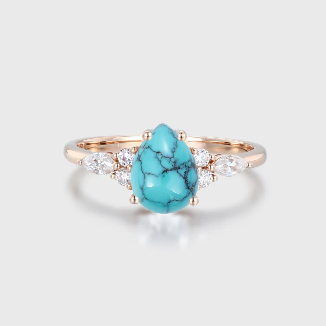 Vintage Hexagon Turquoise Ring, Turquoise online Cluster engagement Ring, Blue Turquoise Wedding Ring, Rose Gold December Birthstone Promise Ring