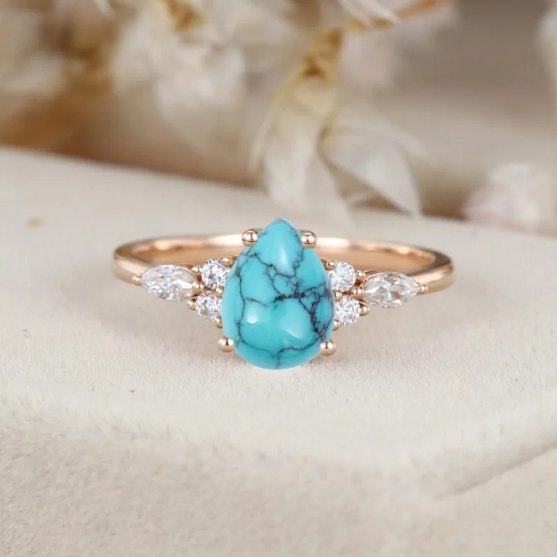 8x6mm Pear Shaped Turquoise Engagement Ring 14K Rose gold Cluster Moissanite Wedding Ring December Birthstone