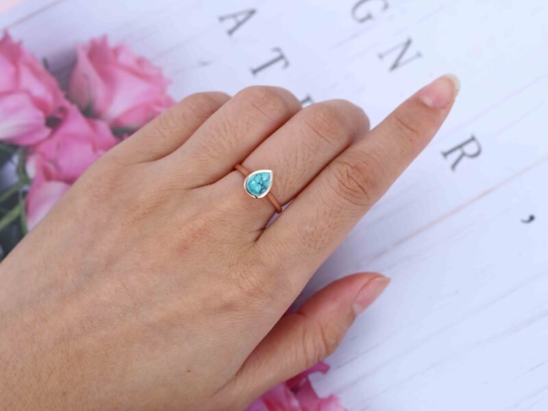 8x6mm Pear Shaped Turquoise Engagement Ring Bezel Set Turquoise Ring Vintage Rose Gold Ring Anniversary Gift