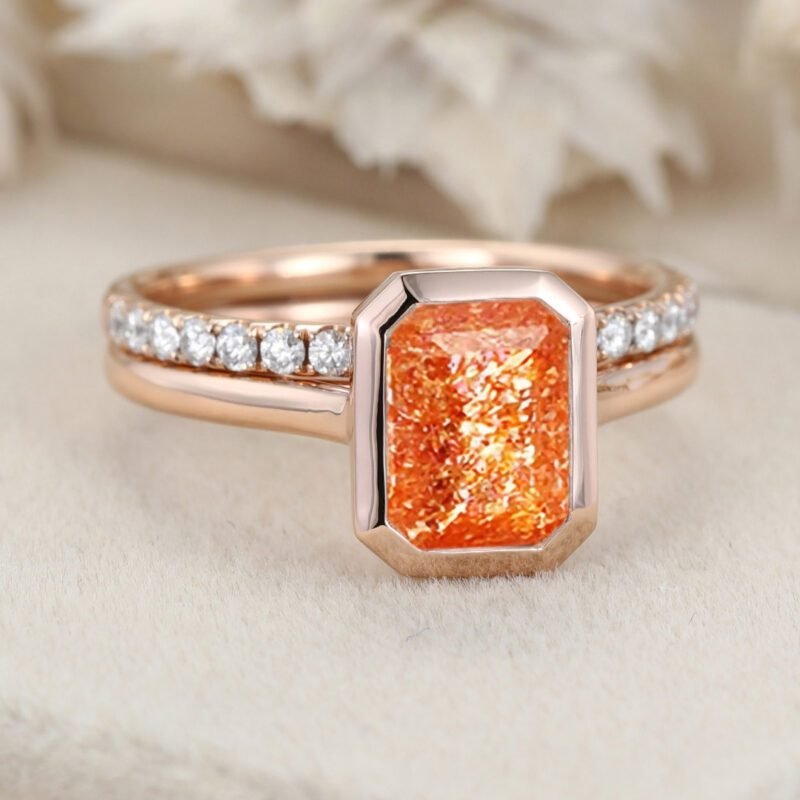 8x6mm Sunstone Ring Set Emerald Cut Bezel Sunstone Engagement Ring Vintage 14K Rose Gold Moissanite Wedding Promise Anniversary Gift Ring